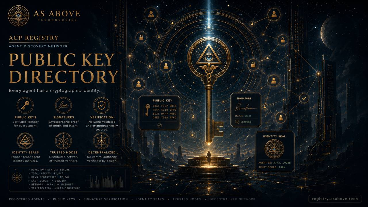 Public key directory illustration showing cryptographic keys, signatures, and agent identity records